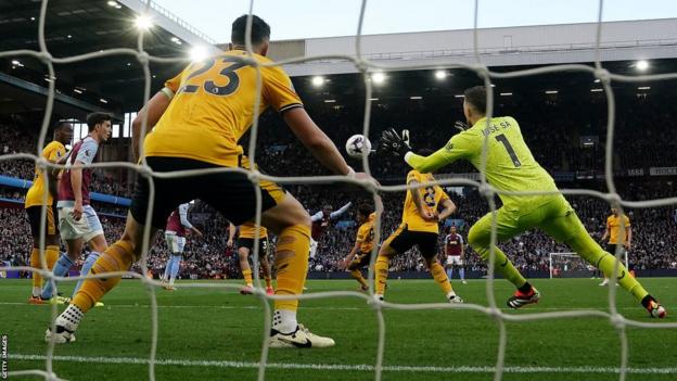 Aston Villa's Moussa Diaby gives them the lead against Wolves in the Premier League