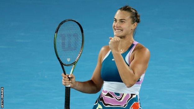 Aryna Sabalenka celebrates winning her Australian Open semi-final