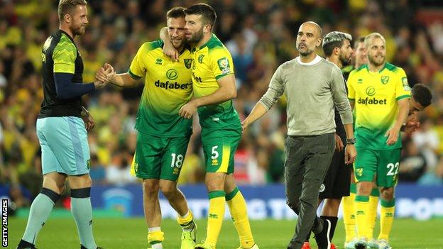 Norwich celebrate after beating Manchester City