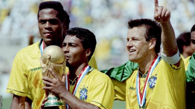 Romario celebrates winning the 1994 World Cup for Brazil against Italy