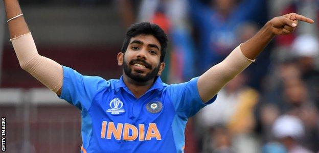 India fast bowler Jasprit Bumrah celebrates taking a wicket against New Zealand in the World Cup semi-final
