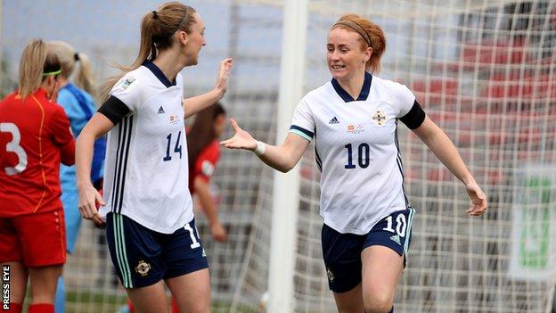 Rachel Furness scored twice to move one goal behind David Healy's record total for Northern Ireland