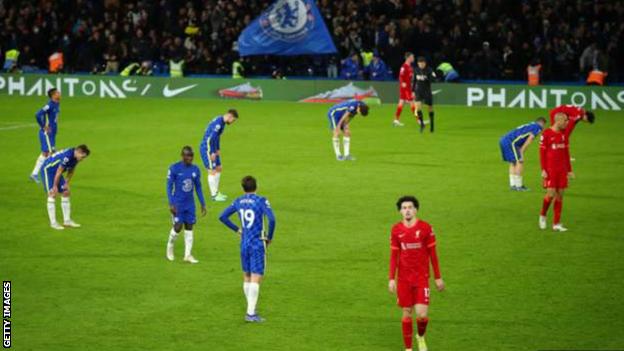 Chelsea and Liverpool players at the full-time whistle at Stamford Bridge