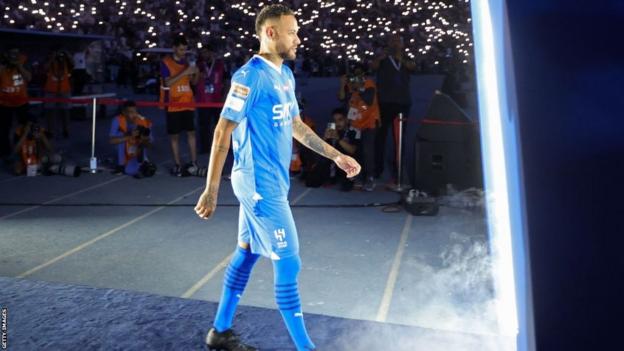 Neymar at his unveiling as an Al-Hilal player on Saturday
