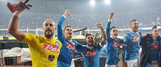 Napoli's players celebrate defeating Inter Milan