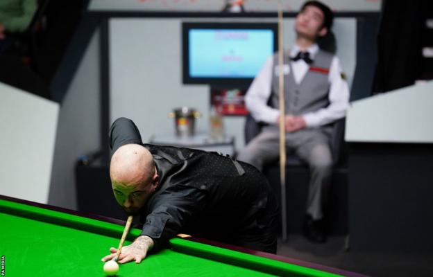 Luca Brecel in action during his World Championship semi-final win over Si Jiahui