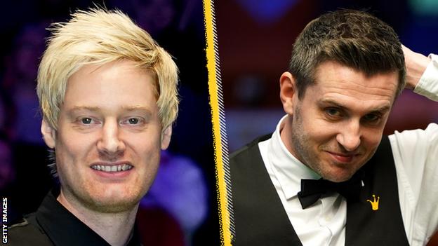 Snooker player Neil Robertson smiling on the left and snooker player Mark Selby smiling on the right.