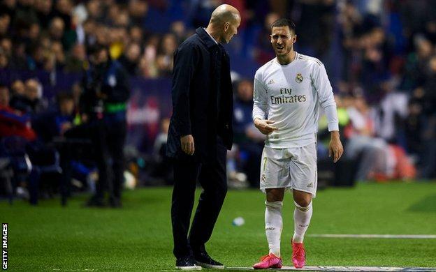 Eden Hazard limps off after suffering a fractured ankle in Real's 1-0 defeat against Levante on Saturday