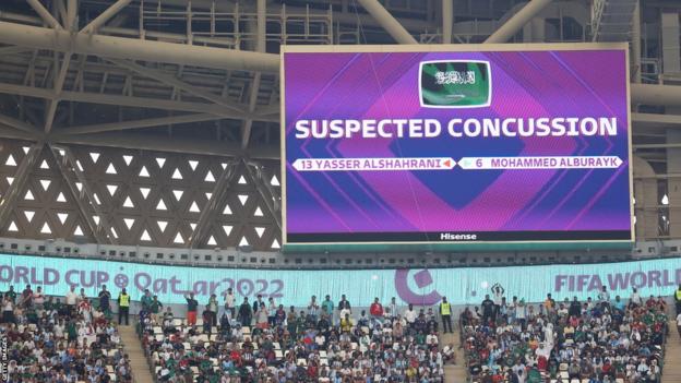 A scoreboard at the 2022 football World Cup shows a concussion substitute