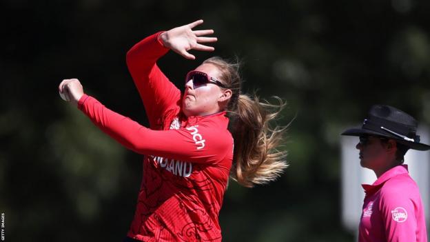 England spinner Sophie Ecclestone bowls in the Women's T20 World Cup warm-up against New Zealand