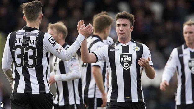 St Mirren's Stephen Mallan and Jordan Stewart (left) celebrate after Callum Tapping's own goal gave them the win