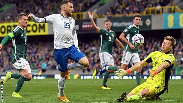 Kosovo's Zymer Bytyqi sees his shot saved by Bailey Peacock-Farrell at Windsor Park