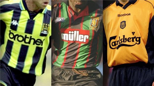 A yellow and black Manchester City strip, a green and black Aston Villa kit and an orange Liverpool kit