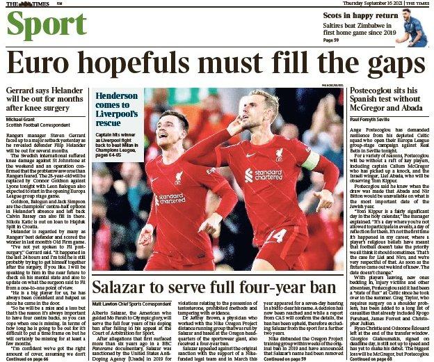 The back page of the Scottish edition of The Times on 160921