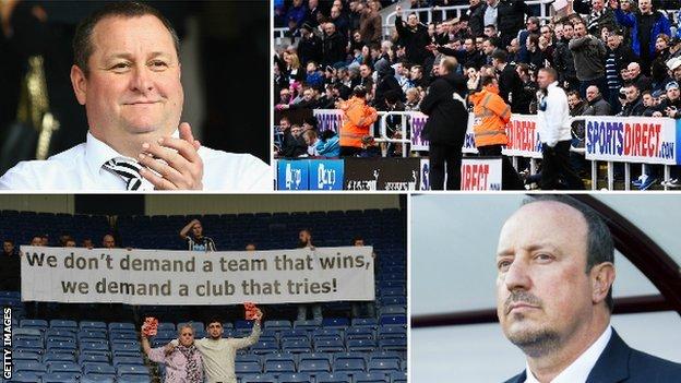 Mike Ashley, Newcastle fans, protest banner and Rafa Benitez