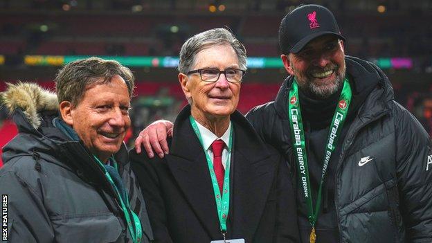 Liverpool cjairman Tom Werner (left) with principal Liverpool owner John Henry and Reds boss Jurgen Klopp