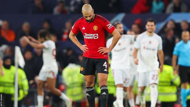 Manchester United's Sofyan Amrabat looks dejected after a Galatasaray goal