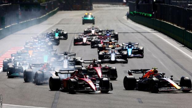 Cars head into Turn One at the start of the Azerbaijan Grand Prix in 2022