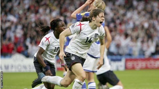 Karen Carney celebrates England's winning goal against Finland at Euro 2005