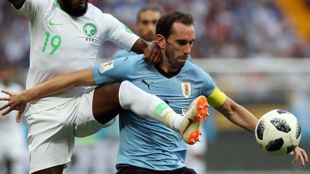 Diego Godin in action for Uruguay against Saudi Arabia