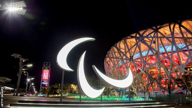 The Paralympic Agitos outside the Bird's Nest Stadium