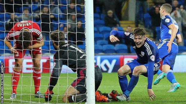 Joe Mason celebrates Cardiff City's winner from George Friend's own goal