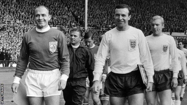 Jimmy Armfield leading out England against a rest of the world team in 1963
