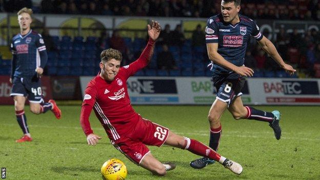 Aberdeen's Ryan Christie tumbles in the box after a tug from Ross County's Tim Chow