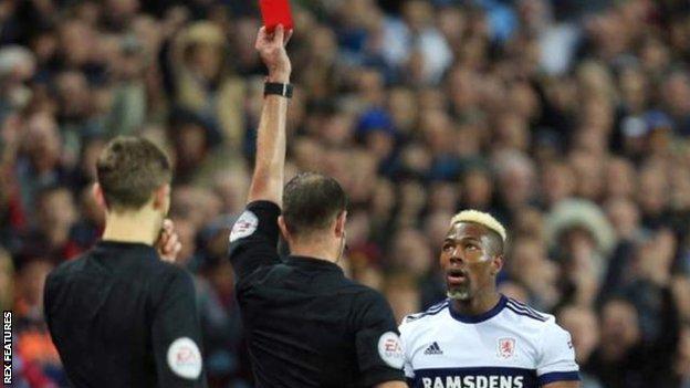 Middlesbrough's Adama Traore shown a red card early on against Aston Villa