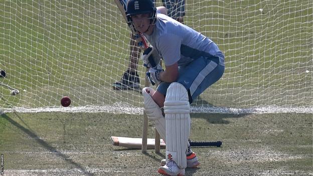 England batter Harry Brook plays a shot in the nets