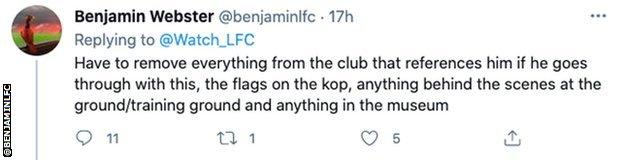 Tweet del aficionado del Liverpool, Benjamin Webster, que estaría en contra de que Benítez se uniera al Everton.