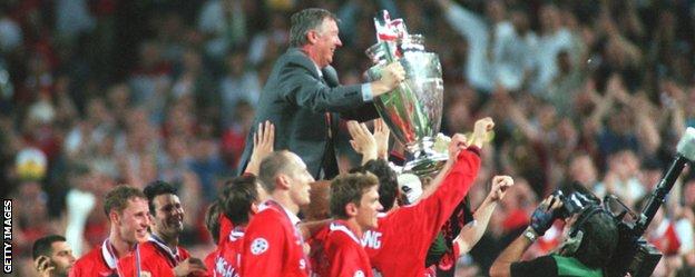 Alex Ferguson is lifted above the shoulders of his European Cup-winning Manchester United players
