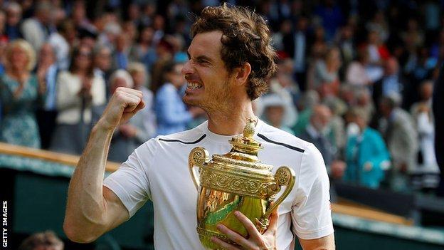 Andy Murray celebrates with the Wimbledon trophy in 2016