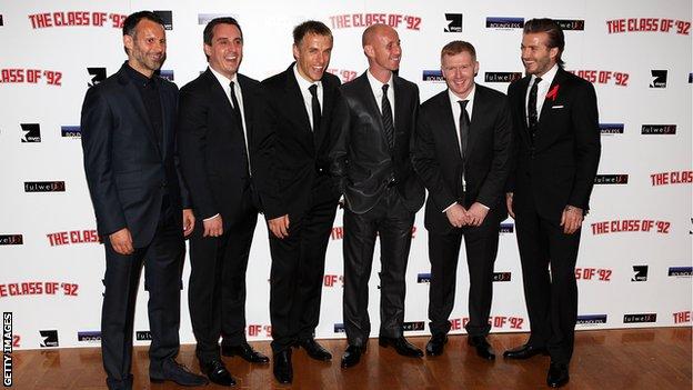 Ryan Giggs, Gary Neville, Phil Neville, Nicky Butt, Paul Scholes and David Beckham at the world premiere of the 'Class of 92' in 2013