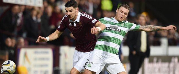 Hearts defender Calum Paterson tussles with Celtic striker Anthony Stokes