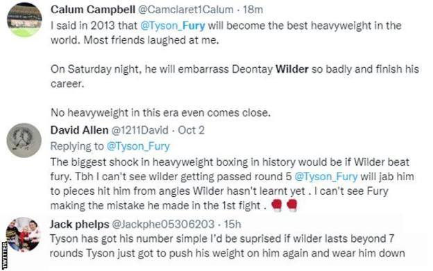 Fans on Twitter discussing Fury-Wilder III. One fan says "No heavyweight in this era even comes close", while another says "I'd be surprised if Wilder lasts beyong seven rounds"