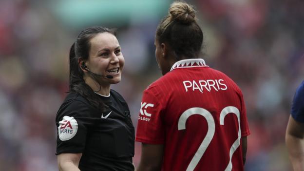 Emily Heaslip (left) speaking to Nikita Parris (right) during the Women's FA Cup Final between Chelsea and Manchester United at Wembley Stadium.