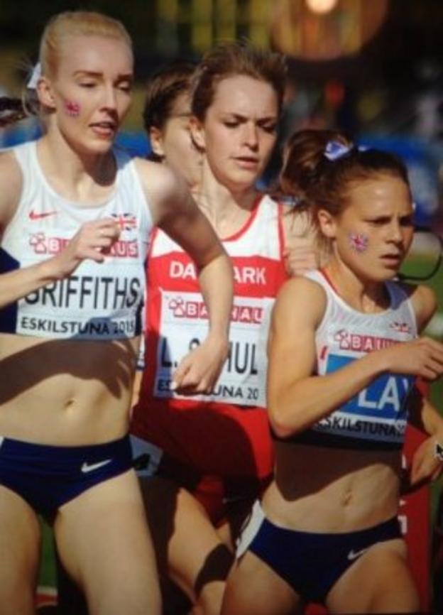 Clay (right) competing at the European Jumior Athletics Championships in 2015