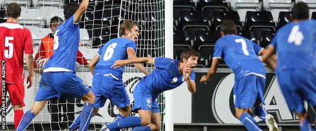 Alberto Paloschi (third right) celebrates his goal for Italy Under-21s against Wales in 2009