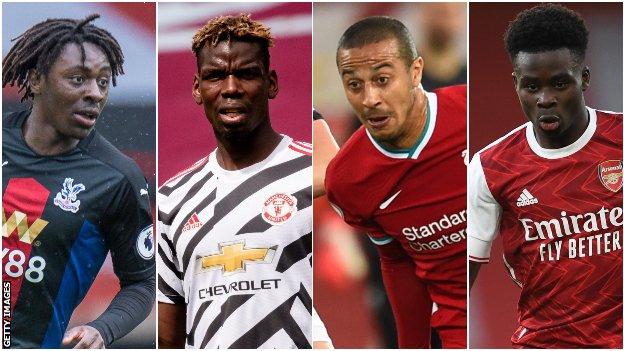 Eberechi Eze (Crystal Palace), Paul Pogba (Manchester United), Thiago Alcantara (Liverpool), Bukayo Saka (Arsenal)
