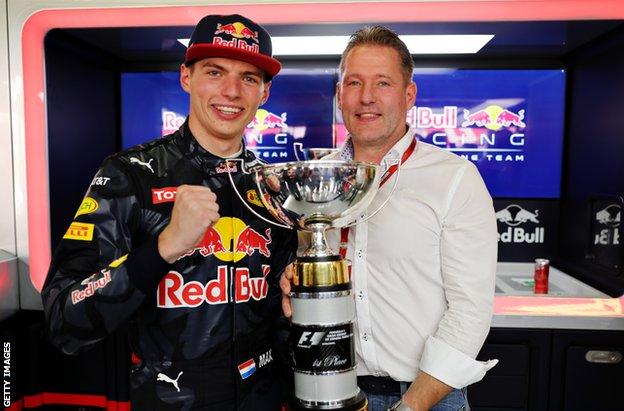 Max Verstappen with father Jos, pictured after his Spanish Grand Prix win in 2016
