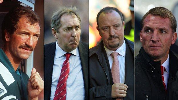 From left to right: Previous Liverpool managers Graeme Souness, Gerard Houllier, Rafael Benitez and Brendan Rodgers