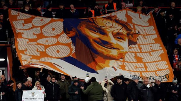Luton Town fans displayed a banner of Tom Lockyer before the game at Bournemouth