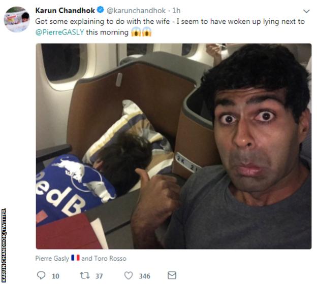 Former F1 driver Karun Chandhok tweeted this picture next to Toro Rosso's Pierre Gasly on a flight