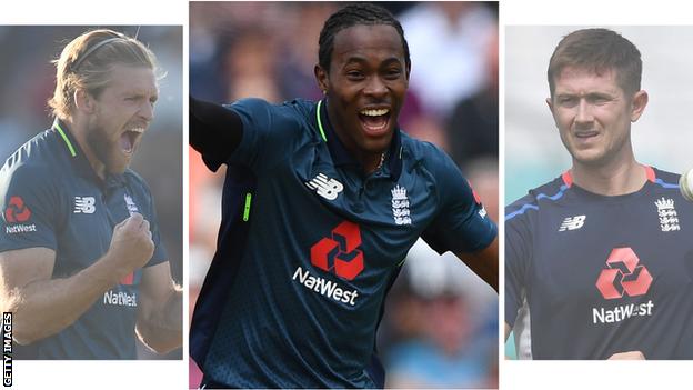 Jofra Archer, centre, is likely to be named in England's final World Cup squad, but that could mean David Willey (left), Tom Curran or Joe Denly (right) miss out