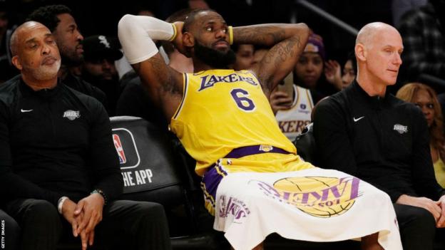 LeBron James looks dejected for the LA Lakers