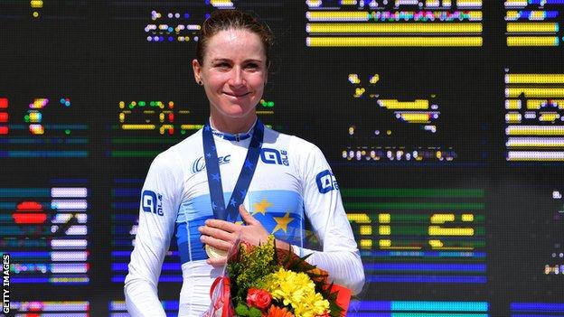 World champion Annemiek van Vleuten on the podium after winning the 2020 European road title