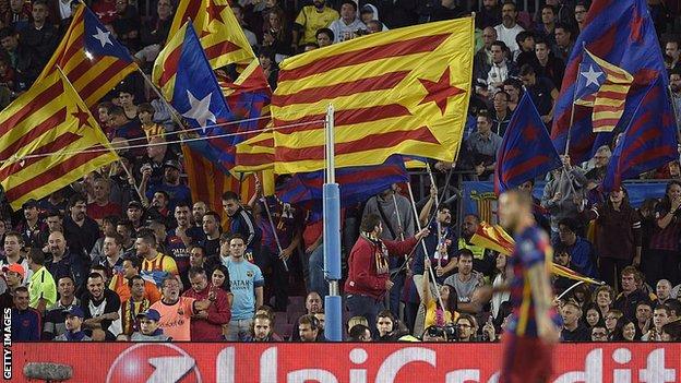 Barcelona fans show Catalan flags known as Esteladas in the Champions League win over Bayer Leverkusen