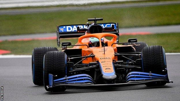 McLaren F1 of Daniel Ricciardo during the McLaren MCL35M track day at Silverstone