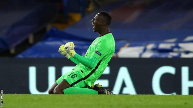 Senegal and Chelsea goalkeeper Edouard Mendy celebrates reaching the European Champions League final